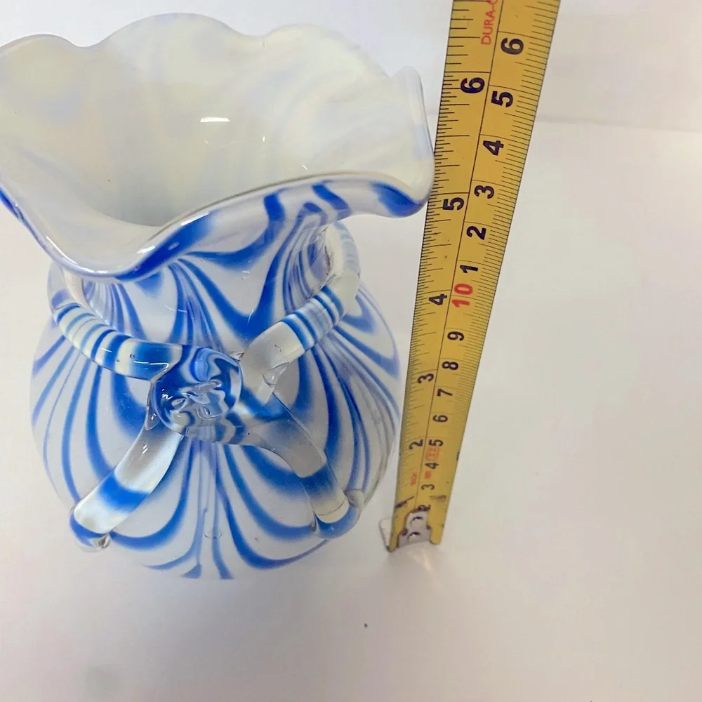 Vintage Murano Style Art Glass Vase Blue & White Swirl Rim Vase Ruffled Edge - Picture 8 of 9
